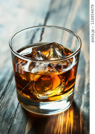 A glass filled with golden single malt scotch whisky sits on a wooden table, ice cubes gently chilling the spirit, creating a perfect evening moment A glass filled with golden single malt scotch whisky sits on a wooden table, ice cubes gently chilling the spirit, creating a perfect evening moment 118954979