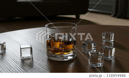 A glass filled with single malt scotch whisky rests on a polished wooden table alongside ice cubes. The warm ambiance of the living room invites relaxation and enjoyment 118954986