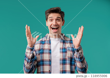 Shocked man, WOW, Oh my God, OMG.Impressed adult guy, unbelievable expression 118955006