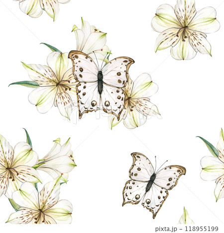 Watercolor seamless pattern with white flowers and Butterflys. Vintage background with composition of Lilies. Floral botanical illustration for textile, scrapbooking paper, stationery design 118955199