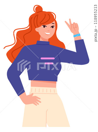 Girl show v gesture. Peace sign. Positive character 118955213