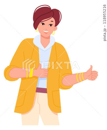 Young woman show thumbs up. Approve hand gesture 118955216