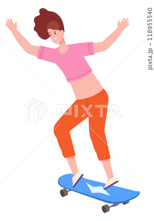 Female skater. Young woman jumping on board Female skater. Young woman jumping on board 118955540