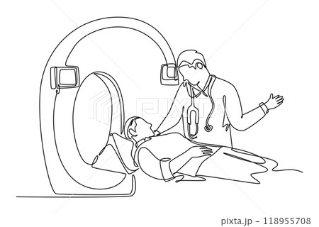 Continuous one line drawing male doctor giving consultation before MRI procedure to patient suffered stroke brain damage. Medical treatment service. Single line draw design vector graphic illustration 118955708
