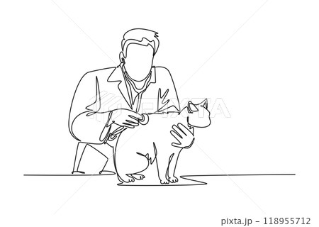 Single continuous line drawing male veterinarian examining and take care of a sick cat because of a bacteria. Pet health care service concept. Dynamic one line draw graphic design vector illustration 118955712