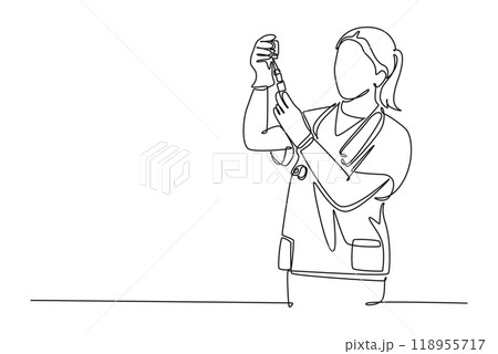 Single continuous line drawing woman doctor or scientist in laboratory holding syringe with liquid vaccines for children or adult. Fight against virus. One line draw graphic design vector illustration Single continuous line drawing woman doctor or scientist in laboratory holding syringe with liquid vaccines for children or adult. Fight against virus. One line draw graphic design vector illustration 118955717