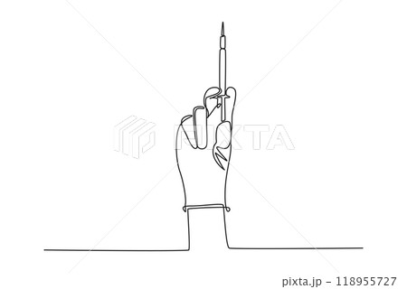 Continuous one line drawing doctor hand press syringe ready to inject shot. Vaccination and medical injection. Healthcare medical vaccine concept. Single line draw design vector graphic illustration 118955727