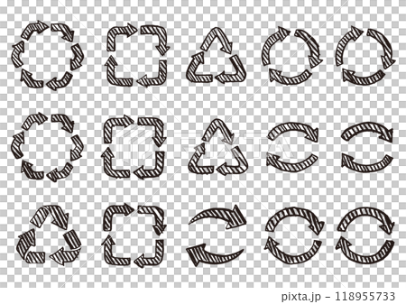 Brush-drawn recycling/circulation arrow icon set C Line drawing Black 118955733