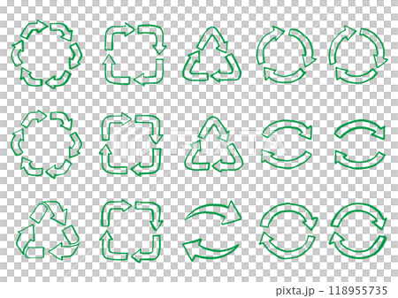 Brush-drawn recycling/circulation arrow icon set A Line drawing Green 118955735