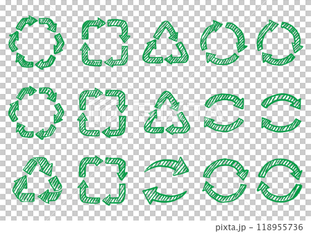Brush-drawn recycling/circulation arrow icon set B Line drawing Green Brush-drawn recycling/circulation arrow icon set B Line drawing Green 118955736