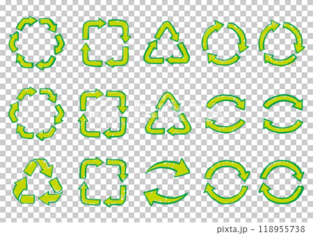 用畫筆線畫出綠色繪製的回收和循環箭頭圖示集 D 118955738