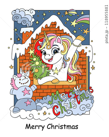 Christmas cute unicorn in a house vector illustration 118955881