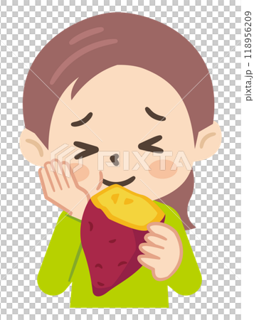 Illustration of a woman eating roasted sweet potato 118956209