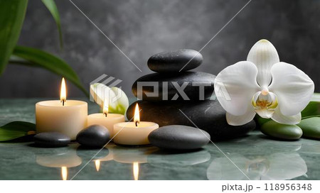 禅石とキャンドルのリラクゼーション/胡蝶蘭の花 118956348