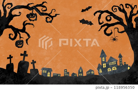 ハロウィンの街並みイメージの切り絵風背景イラスト オレンジ ハロウィンの街並みイメージの切り絵風背景イラスト オレンジ 118956350