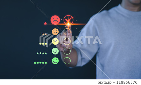 Male customer hand touching the virtual screen on the angry emotion face. Assessment testimonial review for dislike service and low quality. Business concept of customer experience dissatisfied. 118956370