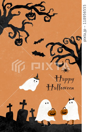 ハロウィンの日にお化けの仮装をする子供たちのイラスト 縦向きデザイン ハロウィンの日にお化けの仮装をする子供たちのイラスト 縦向きデザイン 118956555