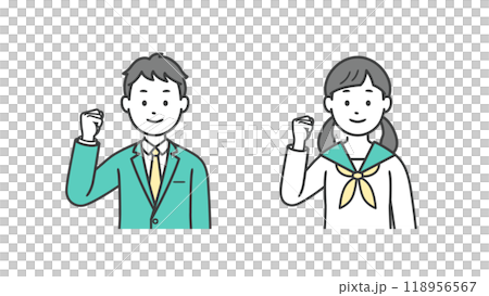 Upper body illustration of male and female students making a fist pump Upper body illustration of male and female students making a fist pump 118956567