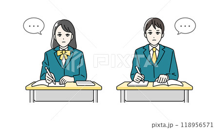 机に向かって黙々と勉強をする高校生の男女のイラスト 118956571