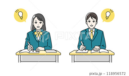 机に向かって勉強をする高校生の男女のイラスト 118956572