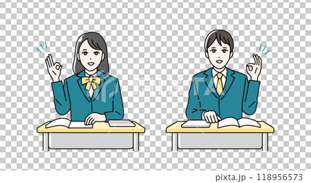 机に向かってOKサインをする高校生の男女のイラスト 118956573