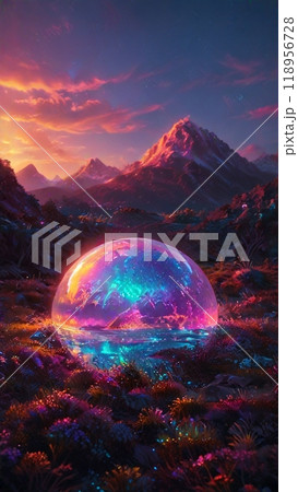 幻想的で色彩豊かな自然の風景と山のシルエット 118956728