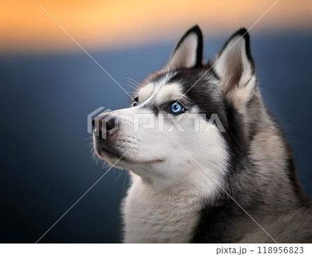 A noble Siberian Husky, bathed in the golden light of sunset, gazes towards the horizon with a look of determination A noble Siberian Husky, bathed in the golden light of sunset, gazes towards the horizon with a look of determination 118956823