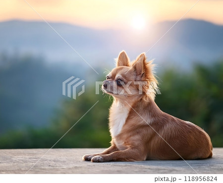 A peaceful Chihuahua rests on a ledge, watching the sunrise paint the sky with warm colors. A peaceful Chihuahua rests on a ledge, watching the sunrise paint the sky with warm colors. 118956824