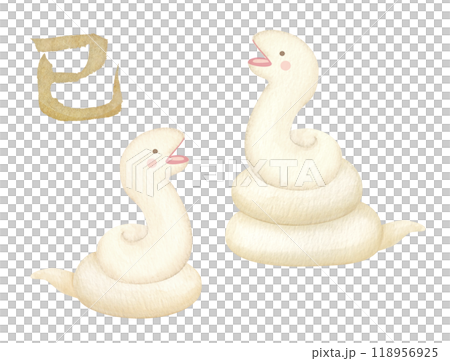 水彩手書きタッチの可愛い白蛇の親子お年賀状素材 118956925