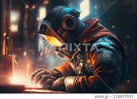 Workers wearing industrial uniforms and Welded Iron Mask at Steel welding plants, industrial safety first concept. 118957053