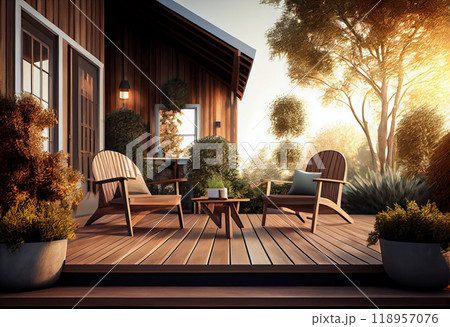 a luxury modern house with her exotic wood terrace 118957076