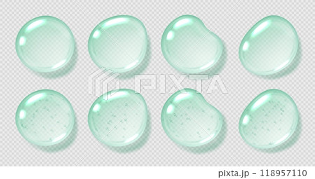Mint serum drops, transparent gel droplets, realistic glossy liquid, moisturizing cosmetic product, hyaluronic acid. 118957110