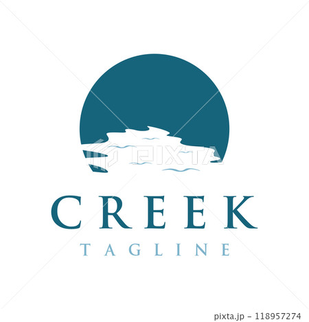 Logos of rivers, creeks, riverbanks and streams. River logo with combination of mountains and farmland with concept design vector illustration template. Logos of rivers, creeks, riverbanks and streams. River logo with combination of mountains and farmland with concept design vector illustration template. 118957274