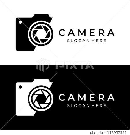 Photography camera logo, lens camera shutter, digital, line, professional, elegant and modern. Logo can be used for studio, photography and other businesses. Using vector illustration editing 118957331