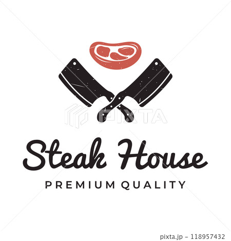 Fresh butcher shop logo template with knife and vintage farm animals. Logos for businesses, restaurants, labels, stamps and fresh butcher shops. 118957432
