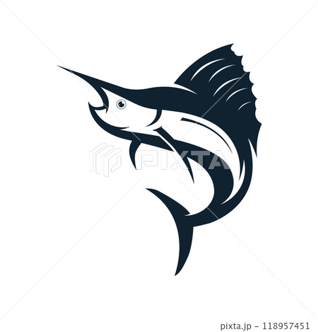 Creative abstract logo design of swordfish or marlin fish silhouette. Marlin jumping on water. 118957451