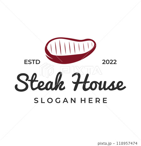 Steak house or vintage fresh meat Logo design.Premium quality grilled meat.Typography Badge for retro restaurant, bar and cafe. 118957474