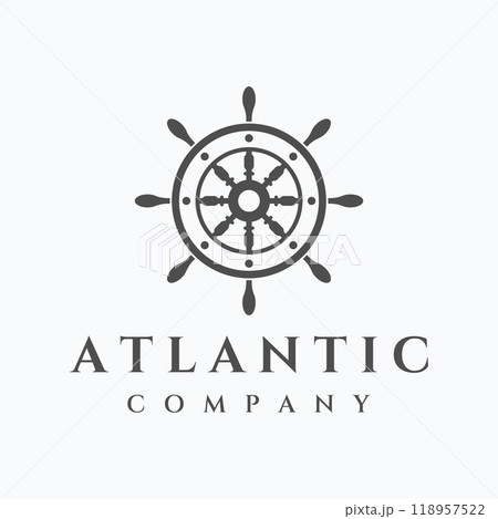 Cruise ship rudder logo template design with retro waves, ropes and anchors. Logo for business, sailors, sailing. Cruise ship rudder logo template design with retro waves, ropes and anchors. Logo for business, sailors, sailing. 118957522