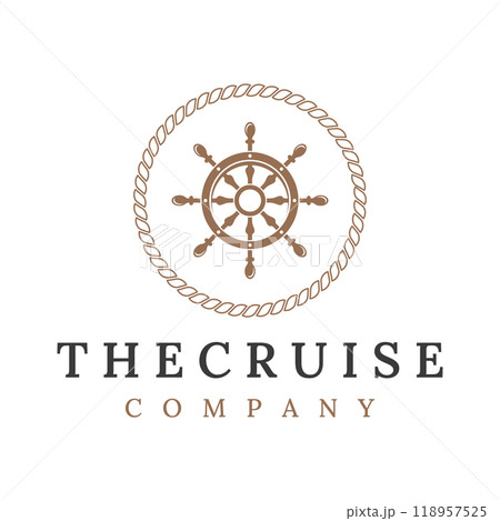 Cruise ship rudder logo template design with retro waves, ropes and anchors. Logo for business, sailors, sailing. Cruise ship rudder logo template design with retro waves, ropes and anchors. Logo for business, sailors, sailing. 118957525