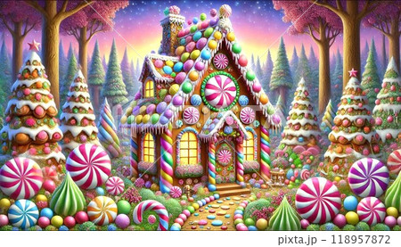 カラフルなキャンディーで飾られたお菓子の家とファンタジーな森 118957872