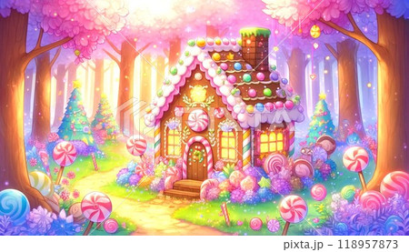 カラフルなキャンディーで飾られたお菓子の家と輝く森のファンタジーイラスト 118957873