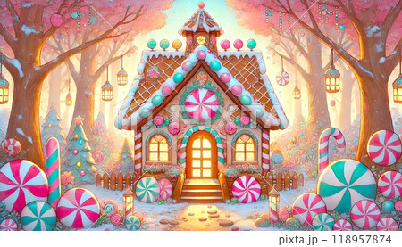 カラフルなキャンディーで飾られたお菓子の家とランタンが輝くファンタジーイラスト カラフルなキャンディーで飾られたお菓子の家とランタンが輝くファンタジーイラスト 118957874