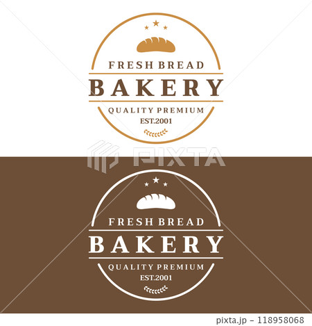 Retro wheat bread logo design template. Badge for bakery, home made bakery, restaurant or cafe, patisserie, business. Retro wheat bread logo design template. Badge for bakery, home made bakery, restaurant or cafe, patisserie, business. 118958068