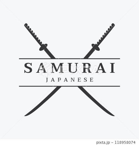 Japanese vintage katana samurai sword logo template,japanese heritage sword vector illustration. 118958074
