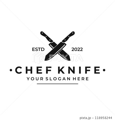Chef knife logo template design, vintage butcher knife.Logo for business, badge,restaurant,butcher shop,cafe,brand and knife shop. 118958244