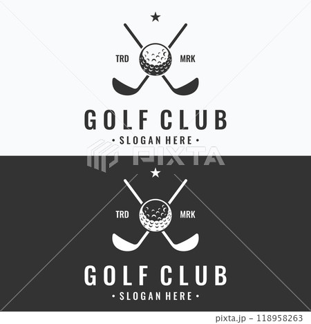 Golf ball and golf club logo design. Logo for professional golf team, golf club, tournament, business, event. 118958263