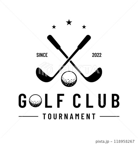 Golf ball and golf club logo design. Logo for professional golf team, golf club, tournament, business, event. Golf ball and golf club logo design. Logo for professional golf team, golf club, tournament, business, event. 118958267