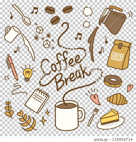 コーヒーブレイクのおしゃれなイラスト　手書き風アイコンセット 118958714