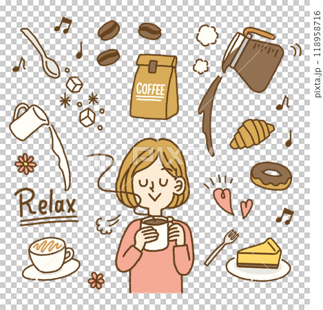 Illustration of a woman relaxing with coffee and a set of coffee-related icons 118958716