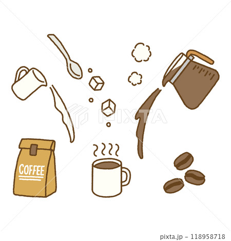 コーヒーのおしゃれな手書き風イラストセット 118958718